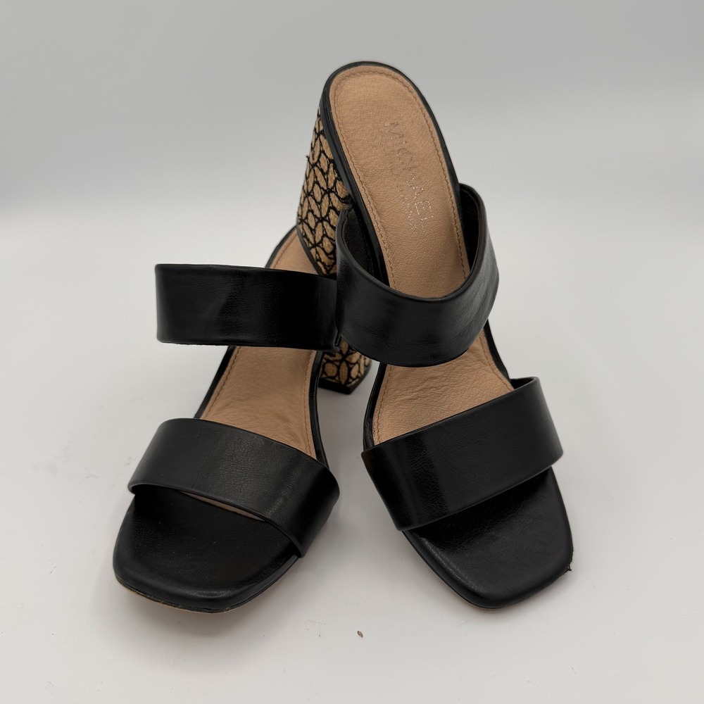 Michael Shannon Zaina Sandals Womens 8 Good Black Double Strap Raffia Block Heel